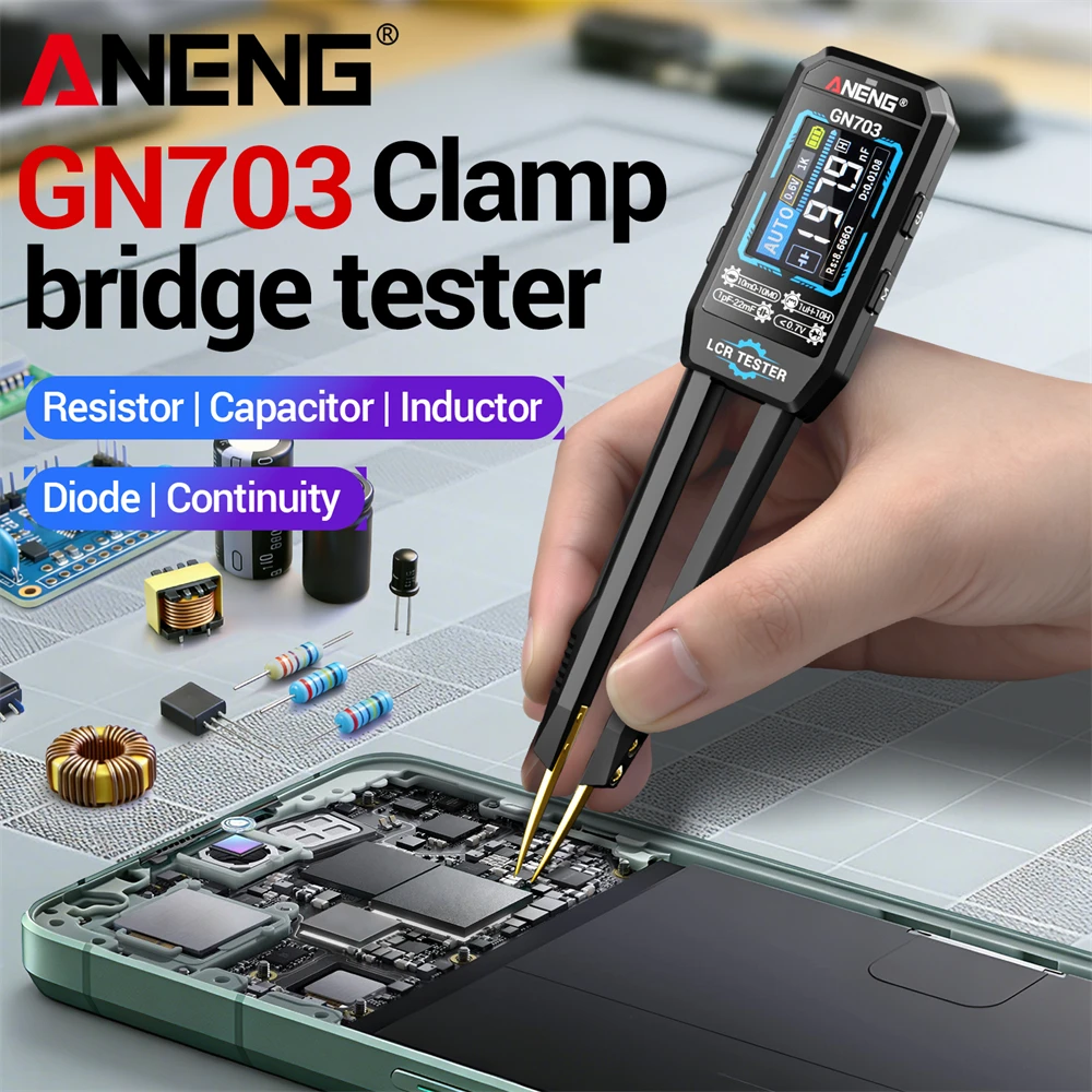 Pinça Inteligente ANENG GN703: Medidor LCR, Testador SMD ESR, Capacitância, Resistência, Indutância, Ponte LCR Digital Portátil para Reparo