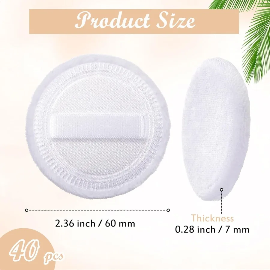 40 stuks katoenen poederdonsjes bulk wasbaar 2,36 inch ronde make-up afstoffen poederdons met lint voor gezicht lichaam cosmetisch wit