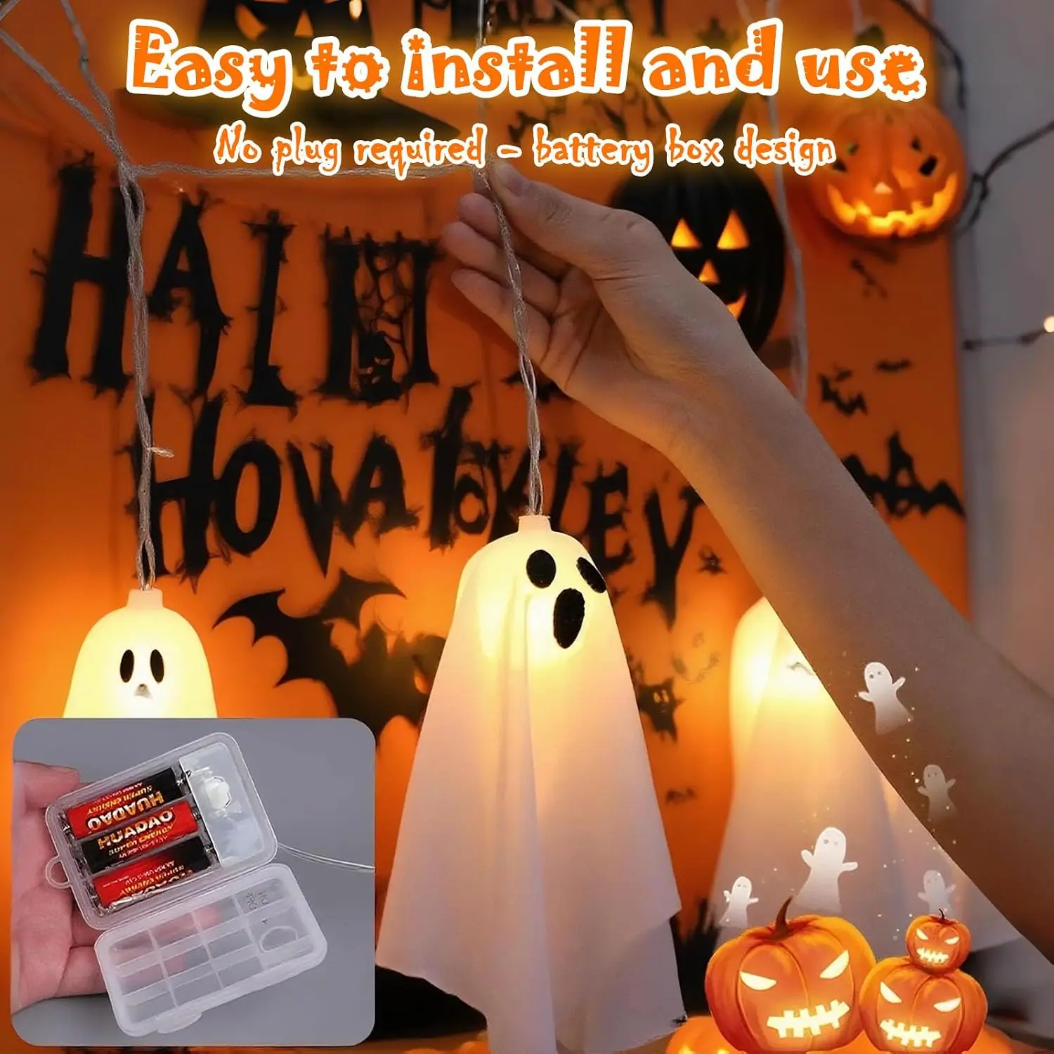 Halloween Ghost Decor,10Pcs Spooky Ghosts String Lights Battery Operated with Timer,8 Lighting Mode for Home Window