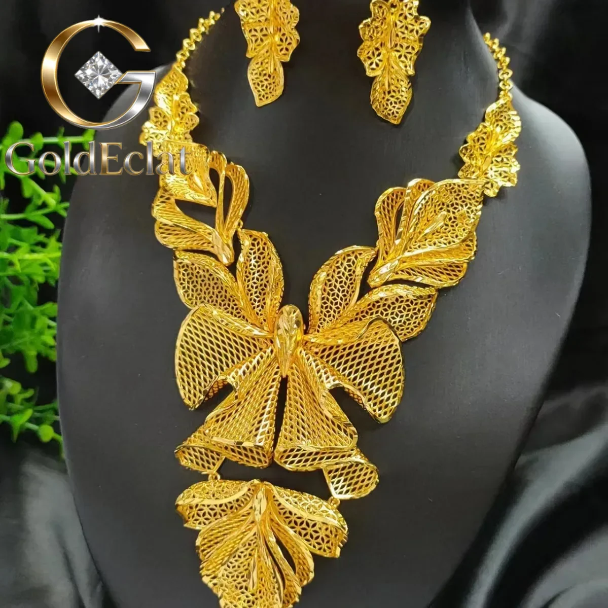 

GoldEclat Women's 9999 24K Real Gold Flower Necklace Earrings Set Flowers Dubai Saudi Bride Wedding Giftgift