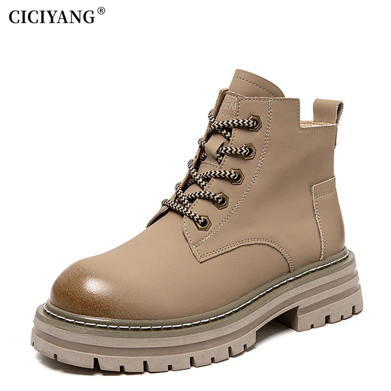 

CICIYANG Chunky Marton Boots Women Genuine Leather Autumn 2024 New Ladies Workwear Yellow High Top British Style Motorcycle Boot