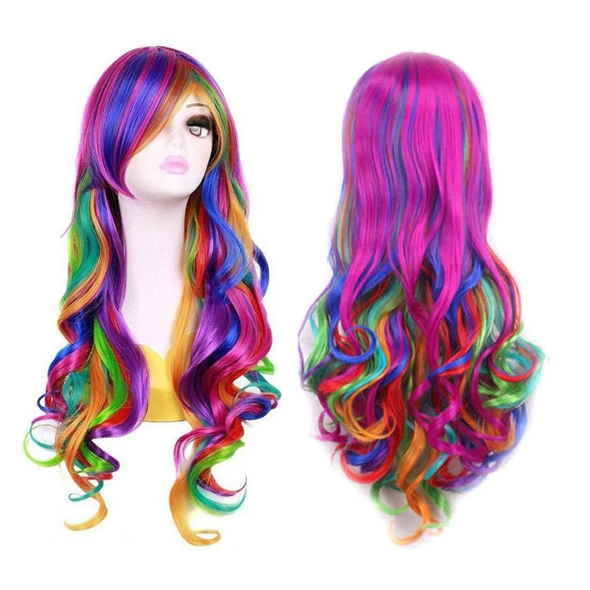 

Lady Rainbow Long Curly Wigs Fashion Cosplay Costume Hair Anime Full Wavy Wig 70cm