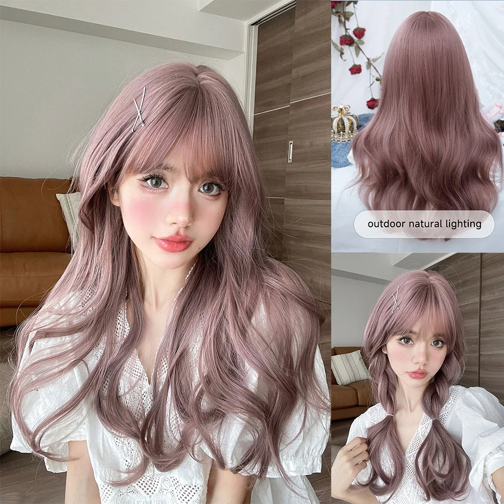 Wig sintetis warna ungu pucat 24 inci dengan poni rambut palsu alami panjang untuk wanita penggunaan sehari-hari Cosplay pesta tahan panas