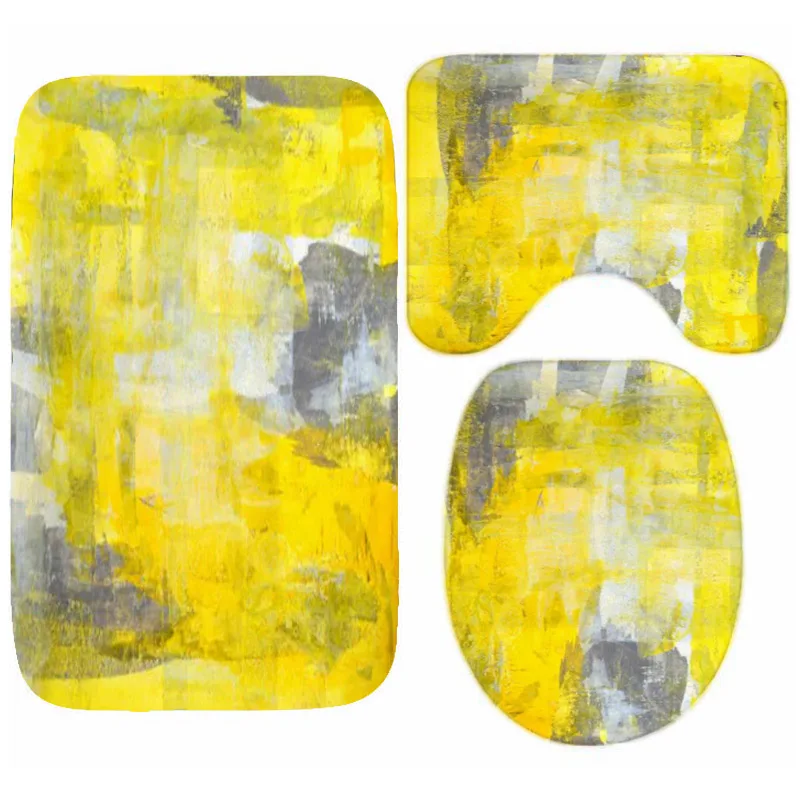 Modern Yellow Grey Abstract Art Painting Bathroom Mat Set Toilet Bath Rug 3PCS Nordic Geometric Bathtub Accessories Home Decor