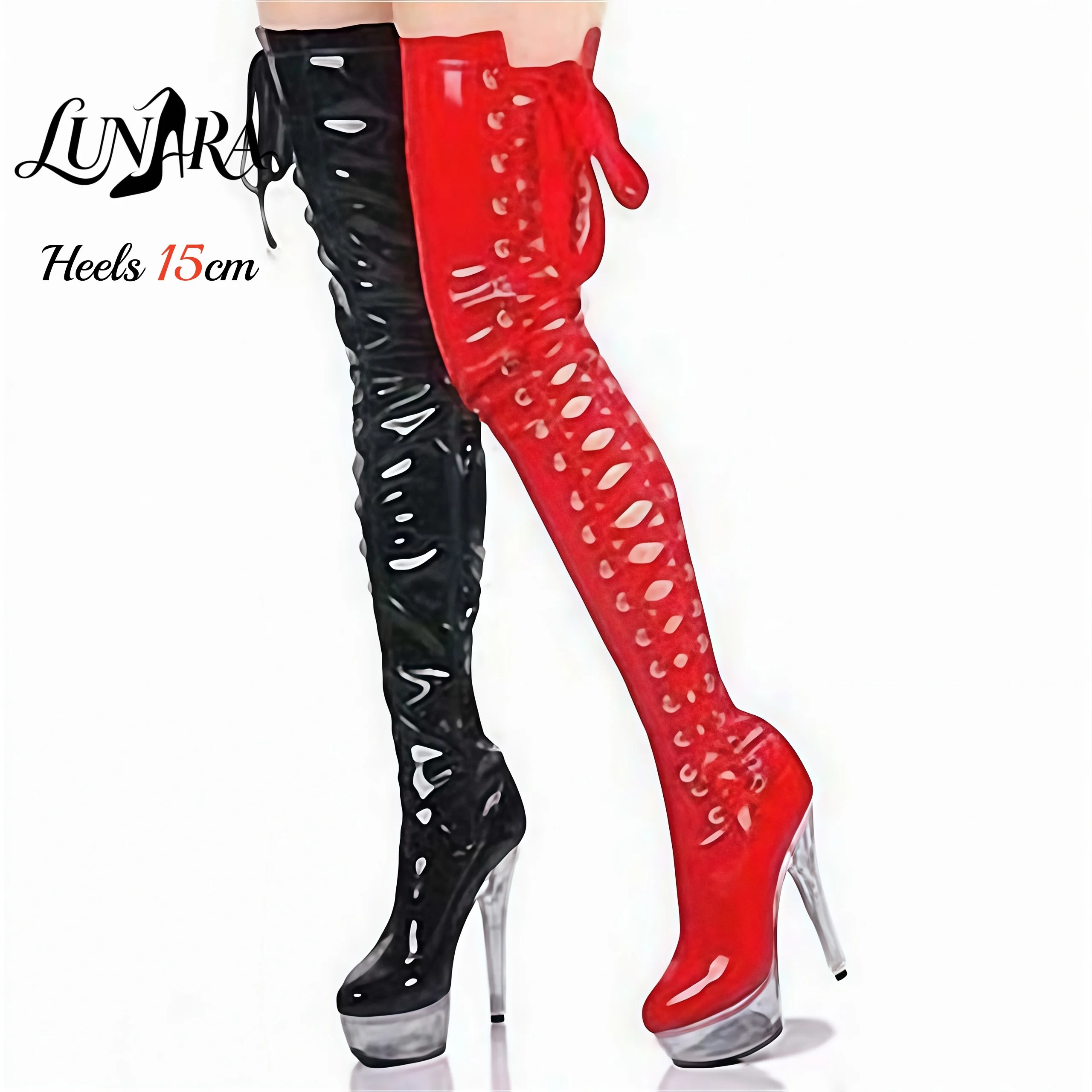 Bottes à lacets en cuir verni rouge/noir de 15 cm/6 pouces avec fermeture éclair latérale, plateforme transparente, au-dessus du genou, chaussures de strip-tease, pole dance, boîte de nuit
