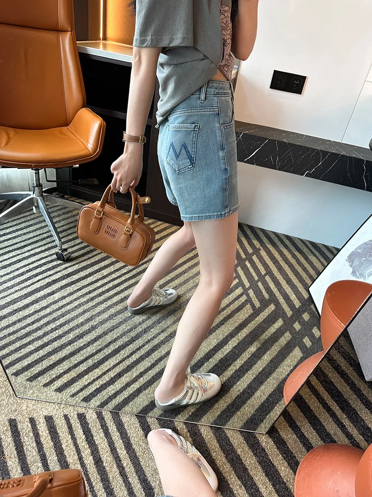 Hohe Taille, weites Bein, Denim, Damen, Sommer, Übergröße, schlankmachend, klein, A-Linie, elastisch, schlankmachend, Hotpants, Stickerei