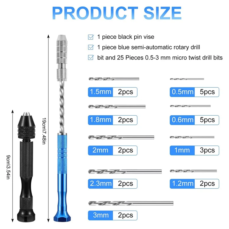 A43F-Pin Vise Hand Drill Set With Semi-Automatic Spiral Hand Drill Rotary Tool And 25 Micro-Type Twist Drill Bits (0.5-3Mm)