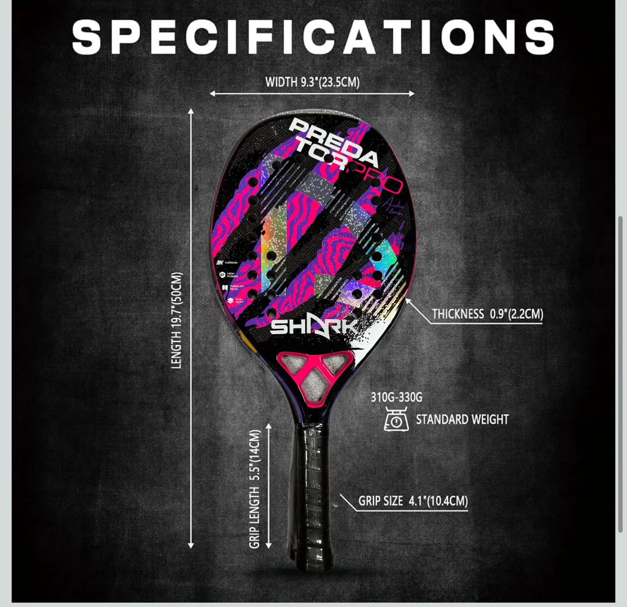 Professional Surface 3D Shark Kona Heroes Beach Tennis Rackets in 3K 12K 18K Carbon Fiber Carbon Graphite Paddles Beach Tennis