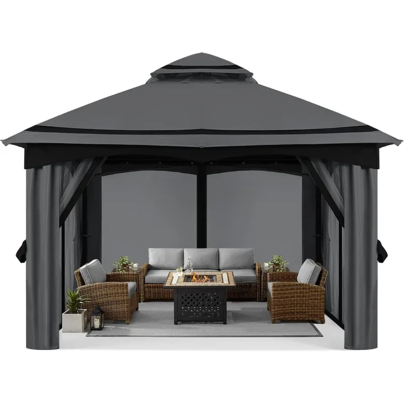 Gazebo para patio al aire libre de 10x10 pies con mosquitera para patio trasero, jardín, gris oscuro, bien diseñado, adecuado para múltiples ocasiones