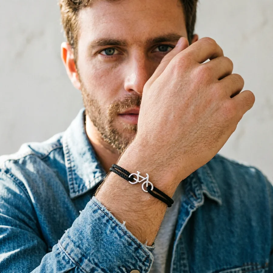 Personalisiertes Sport-Edelstahl-Fahrradarmband für Männer und Frauen, schwarz-rotes Fahrrad-Charm-Armband, Schmuck – Detail 12