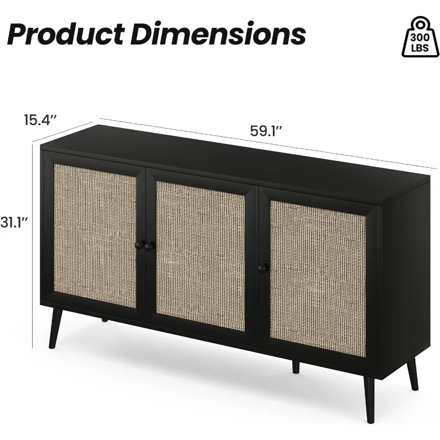 사이드보드 뷔페 캐비닛 3개의 라탄 도어가 있는 현대적인 주방 수납 콘솔 캐비닛 현관 거실용 대형 블랙