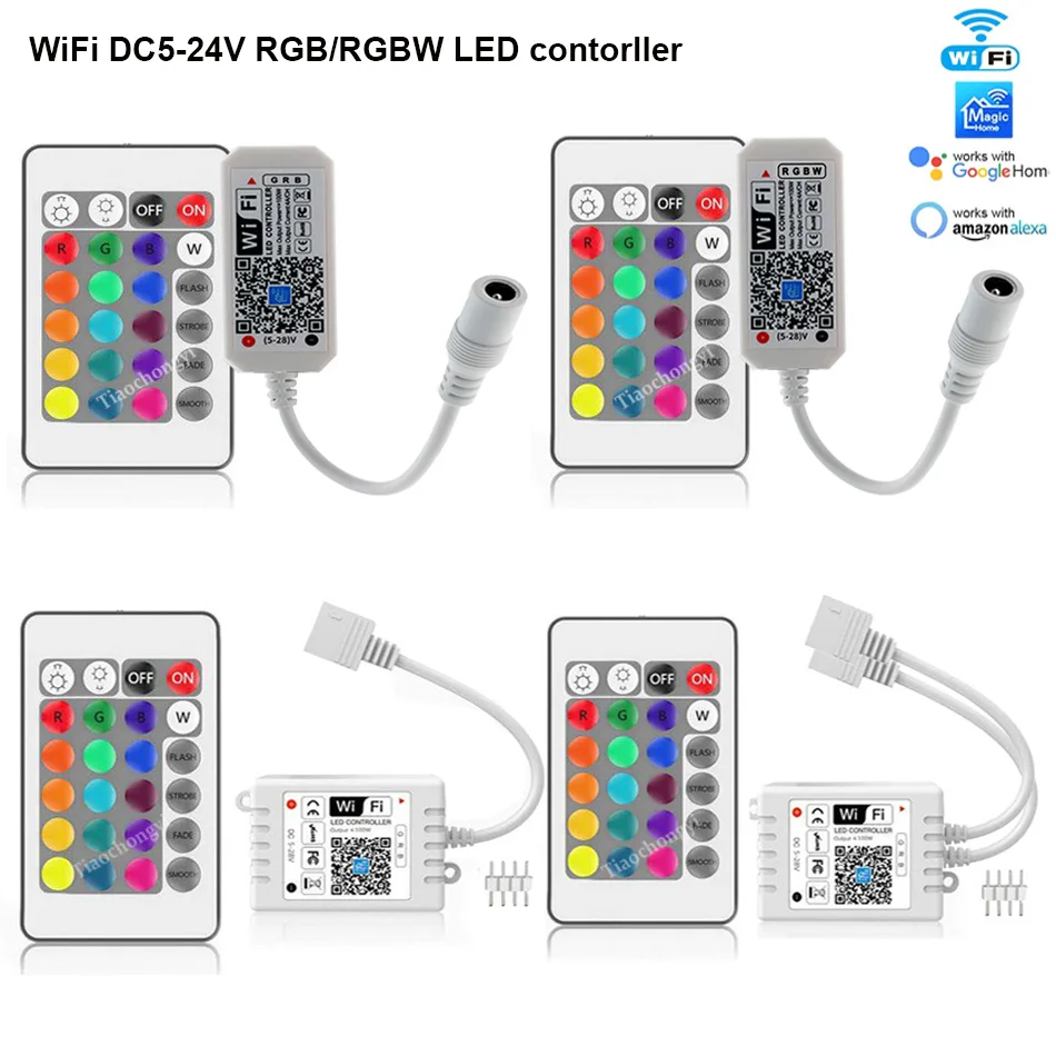 WiFi RGB LED strip RF Controller With 24Key Remote Voice Smartphone APP Control for DC12V-24V 5050 RGBW RGB LED light Strip