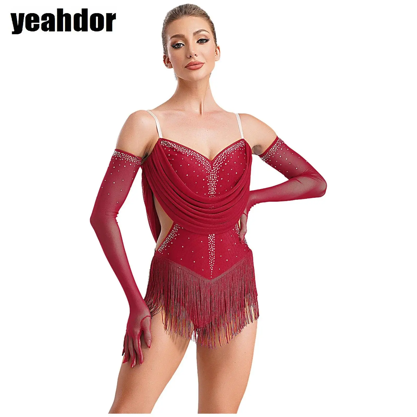 

Women Latin Dance Leotard Dress Tassel Rhinestones Backless Fringed Bodysuit with Gloves Cha-Cha Tango Salsa Stage Performance