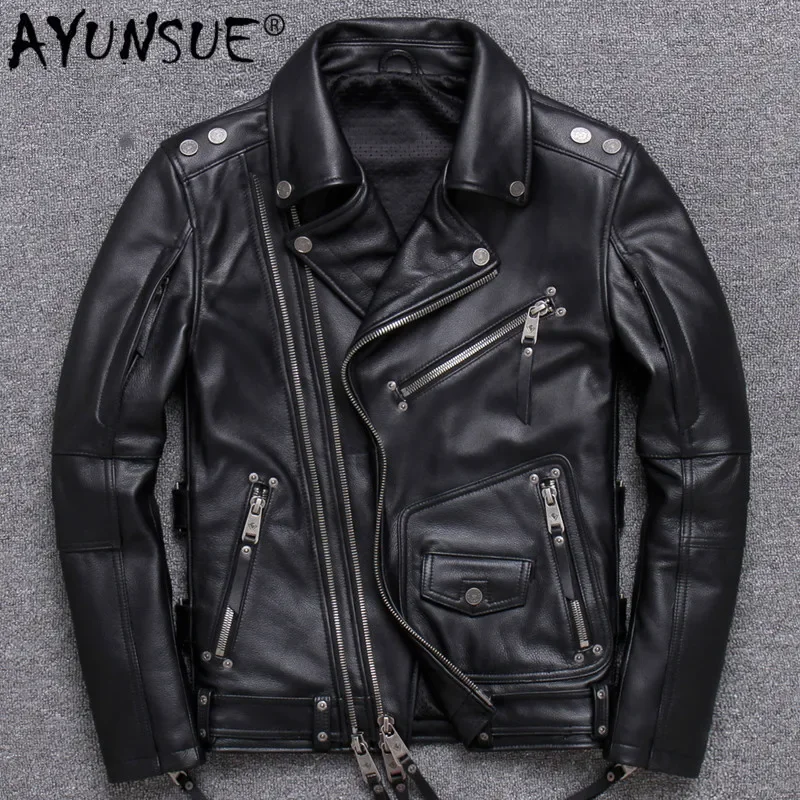 

AYUNSUE Men's Genuine Leather Jacket Spring Autumn Cow Leather Coat Biker Motorcycle Jacket Men Plus Size 2020 V-Y008 KJ4035