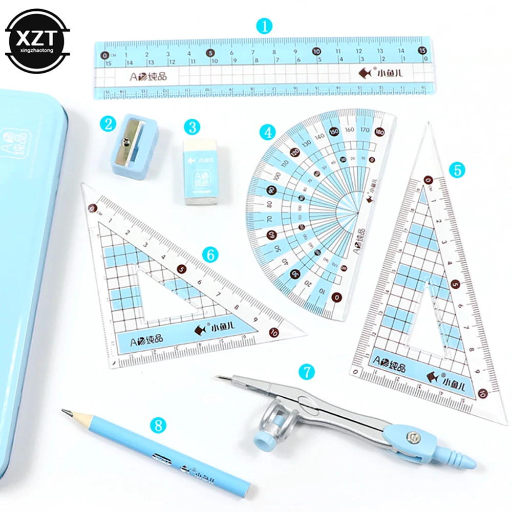 8 teile/satz kawaii Lineal Kompass Bleistift Set Geometrie Mathematik Student Zeichnung Briefpapier mathematisch für Jungen Mädchen Geschenk Schul bedarf