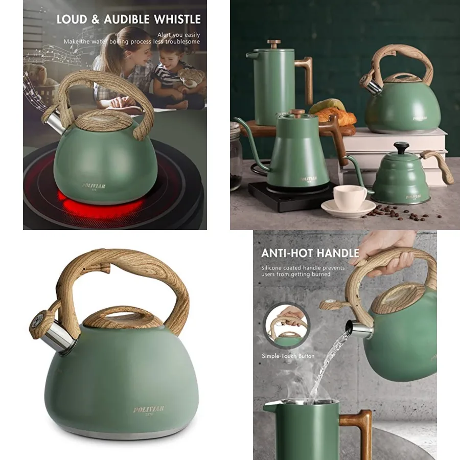 

Poliviar Tea Kettle, 2.7 Quart Seaweed Finish with Wood Pattern Handle Loud Whistle Food Grade Stainless Steel Teapot, Anti-Hot