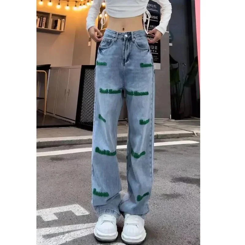 Embroidered High Street Spice Girl Straight Jeans Female Spring Summer 2024 Embroidered Letters High Waist Slim Wide-Leg Pants