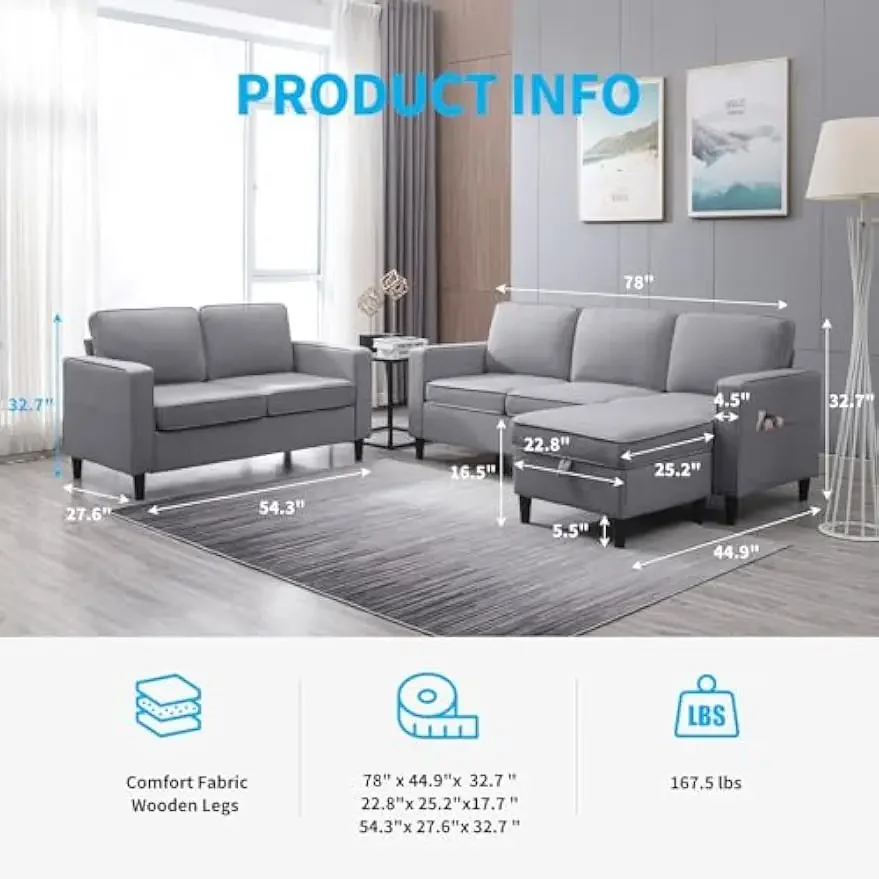 3 PCS Convertible Sectional Sofa Set, Linen Sofa Set with Side Pocket, Couch Set with Storage Ottoman