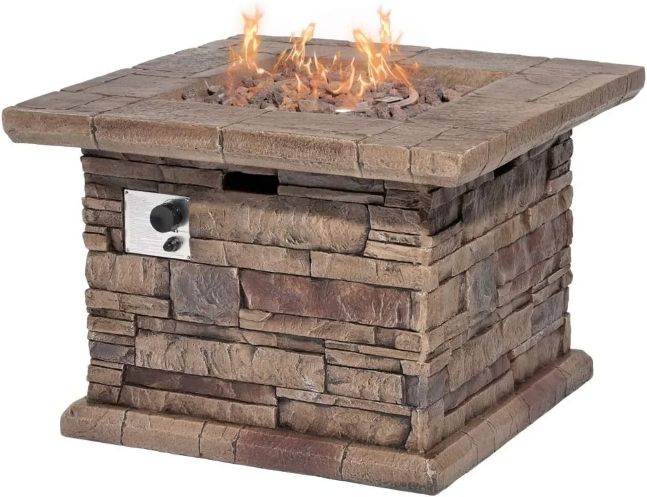 Outdoor Propane Fire Pit Table 32-inch Imitation Stone Square Concrete Propane Fire Pit with Lava Rocks and Rain Cover 50,000