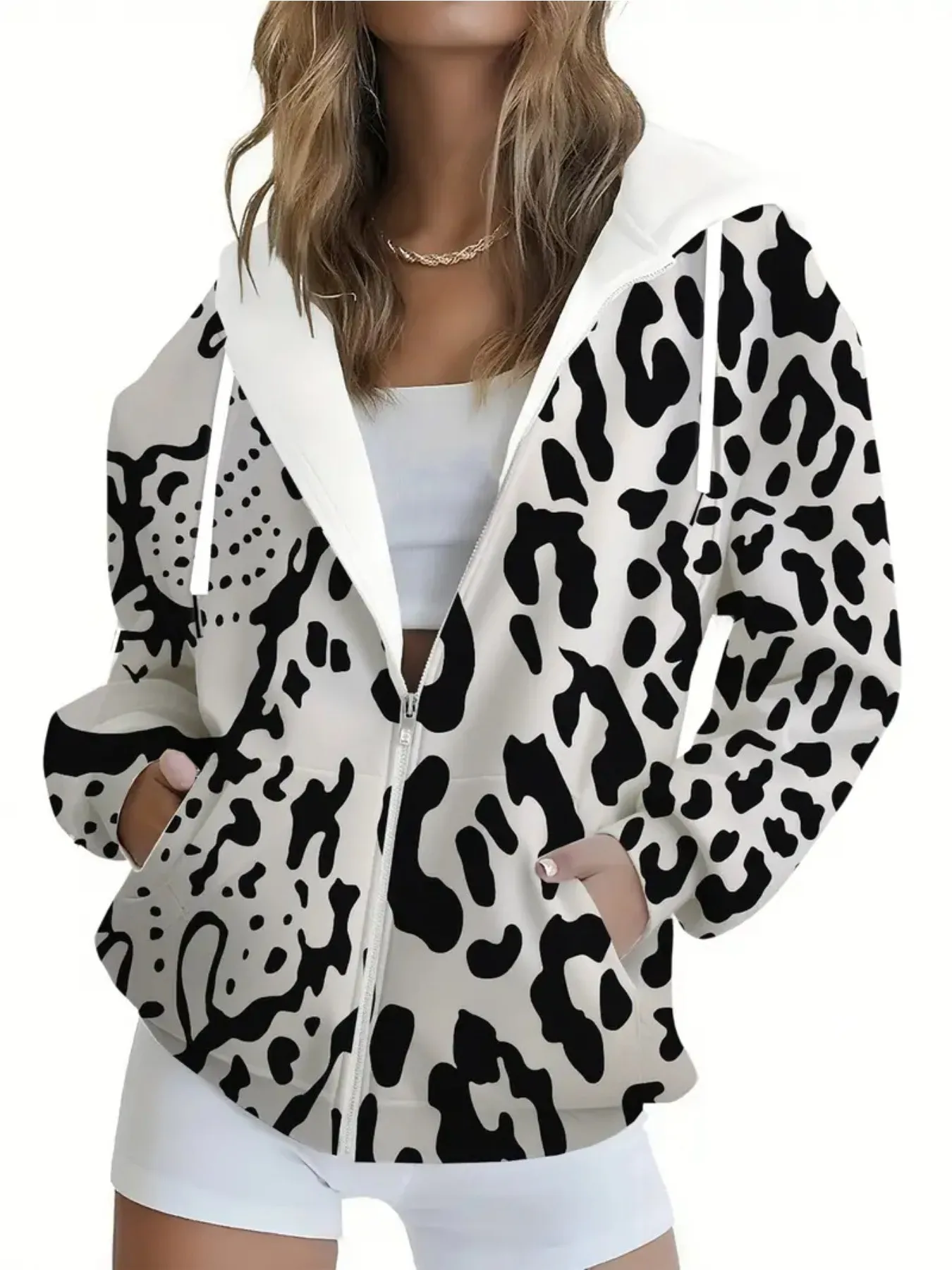 2026 Autumn/Winter Women's Zippered Hooded Sweatshirt Fashionable Versatile Comfortable 3D Leopard Pattern Print