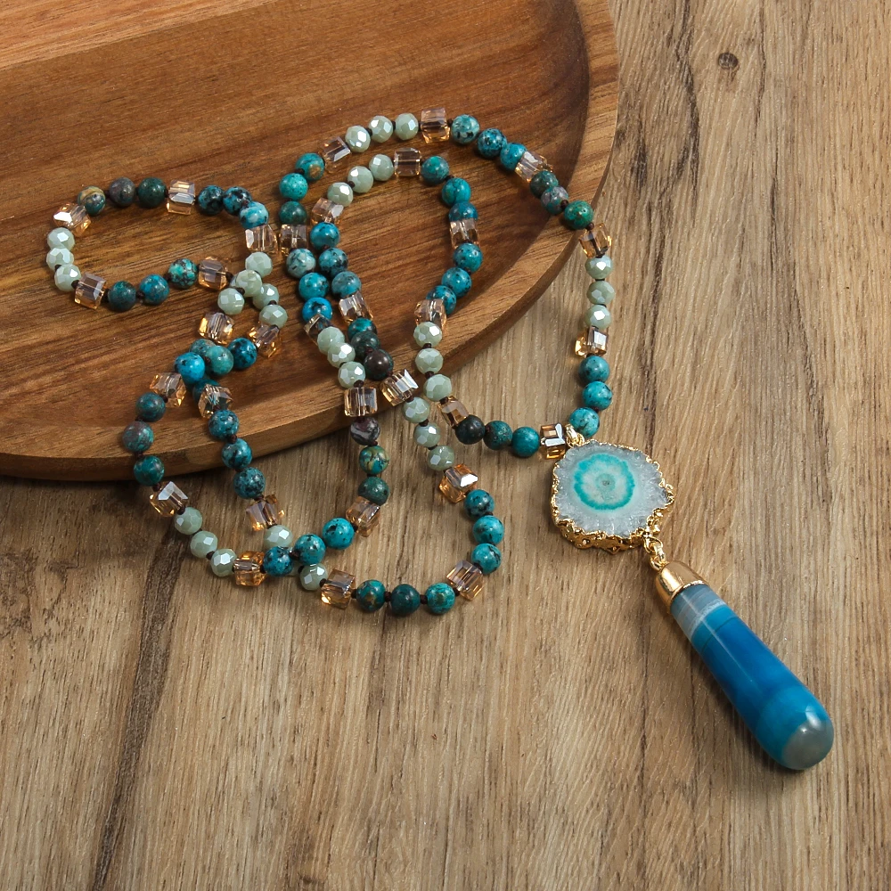 Irregular Sunflower Agate Bohemian Jewelry 6mm Natural Stone Glass Knot Necklace Striped Agate Drop Pendant Necklace
