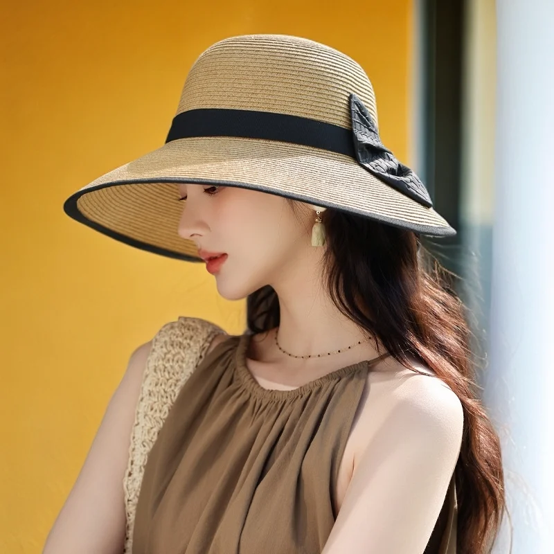 قبعة للشاطئ صيف جديد قبعة المرأة الراقية واقية من الشمس قبعة الشمس الصيف تنفس القش قبعة في الهواء الطلق القوس قبعة الشمس قبعة أنيقة على الموضة 2