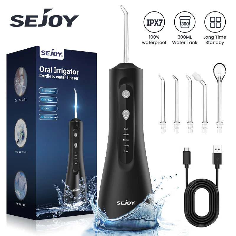 

Sejoy Cordless Water Dental Flosser for Teeth Cleaning Denture Brushes 5 Tips IPX7 Portable Oral Irrigator for Home Travel