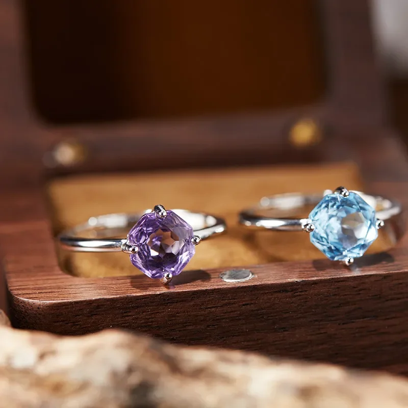Live stream explosion natural color treasure ring female topaz amethyst white crystal factory source wholesale S925 sterling