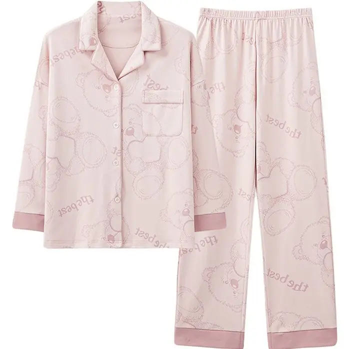 Women Spring Autumn Pajamas New Cotton Pyjamas Sweet Long Sleeved Nightdress Loose Comfortable Home Wear Lapel Print Sleepwear