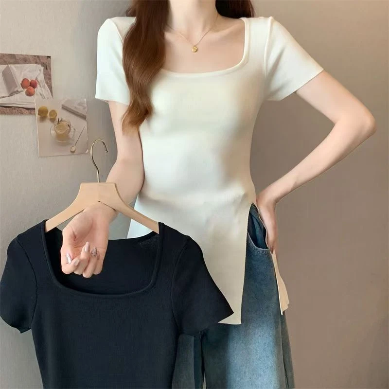 Large size women\'s fat mm summer new 2024 solid color fashion square collar knit shirt thin cover belly split shirt tide