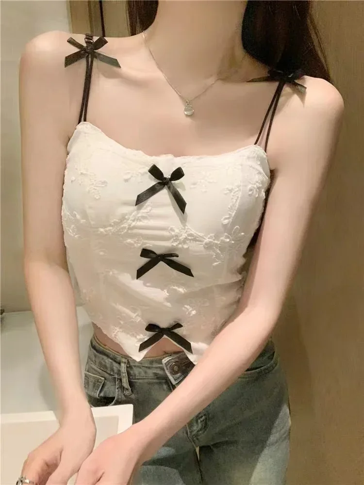 Cami Top with Ribbon Smocked Back Spaghetti Strap Crop Top Women Summer Top Bowknot Sleeveless Tops Teengirls Y2K Outfit