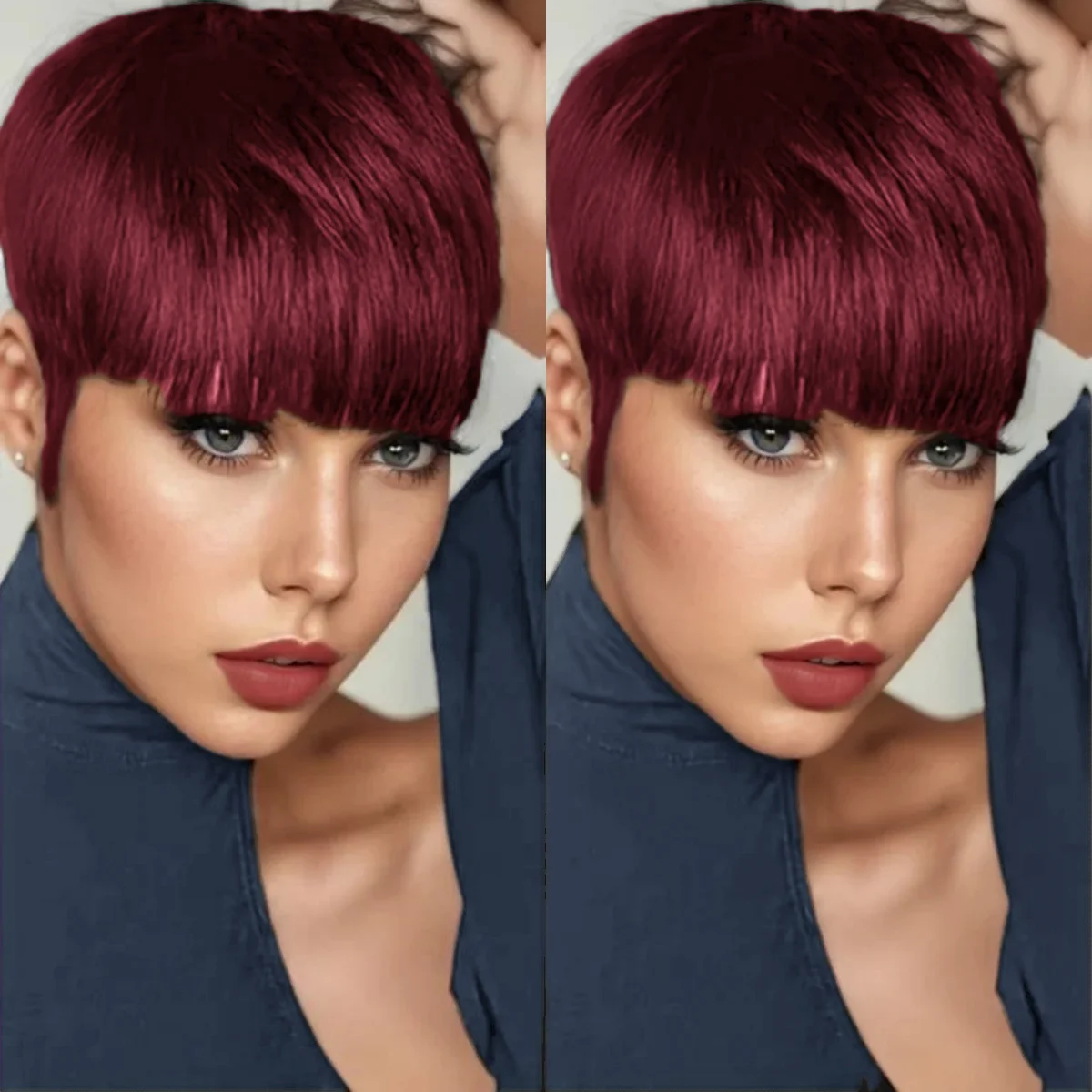 브라질 스트레이트 인모 숏 레이어드 픽시 가발 (앞머리 포함) 여성용 전체 머신메이드 가발