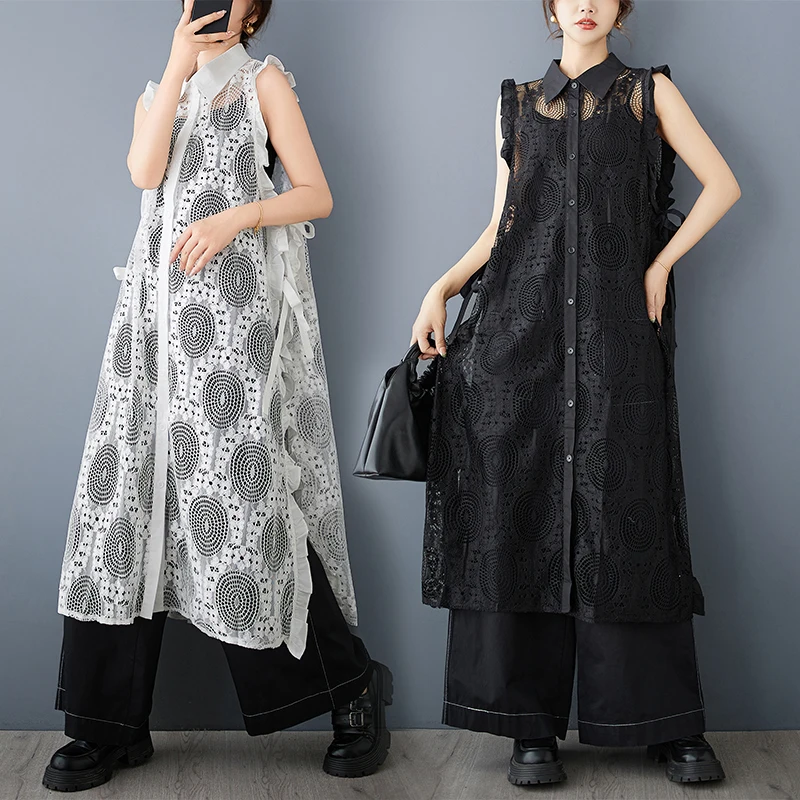 봄 여름 레이스 속이 비치는 벨트형 베스트 드레스 큰 사이즈 여성용 턴다운 칼라 롱 스플릿 커버업 스커트 베스트 드레스