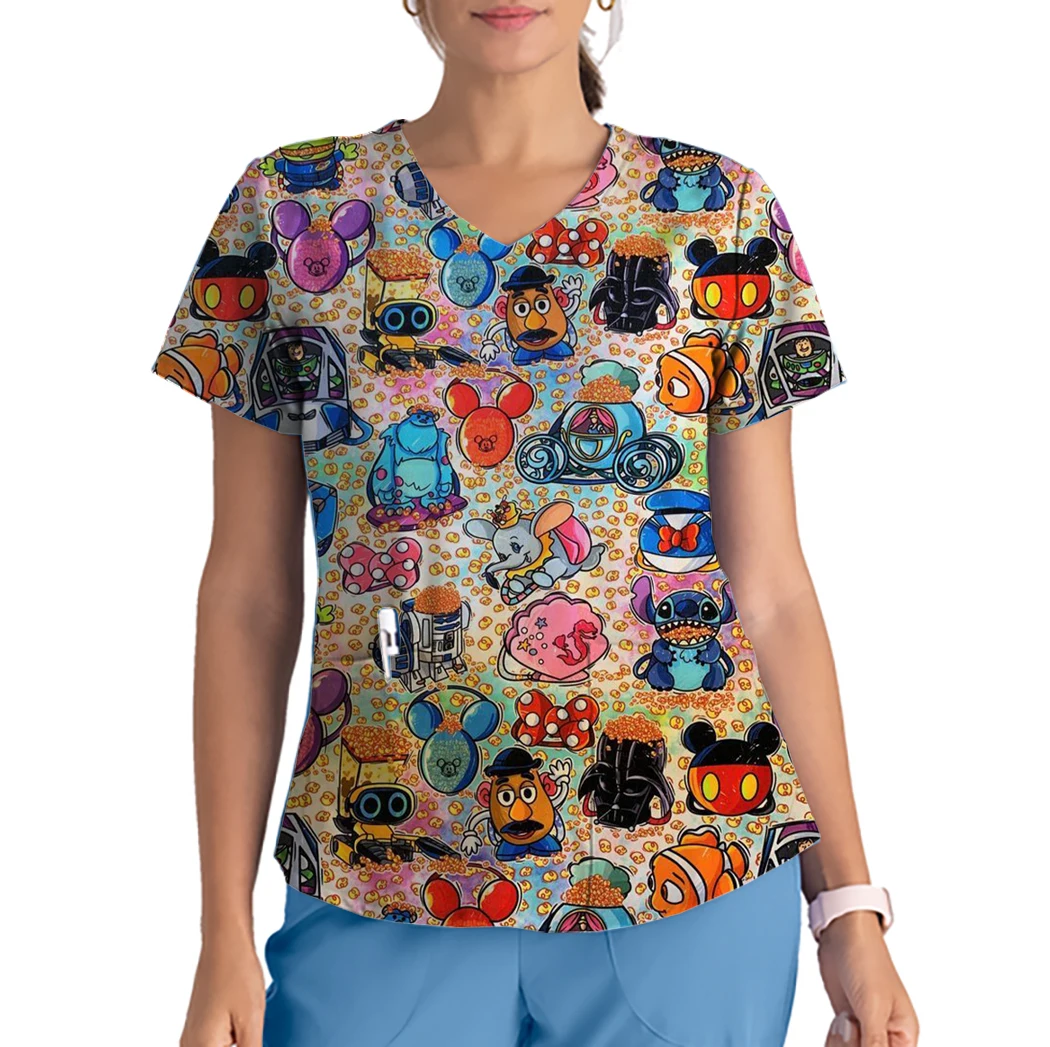 Krankenhaus T-Shirt Sommer Krankens ch wester Kleidung Mode Anime Mickey Minnie Krankens ch wester Uniform Tops weibliche Cartoon Krankens ch wester Krankens ch western V-Ausschnitt Tops