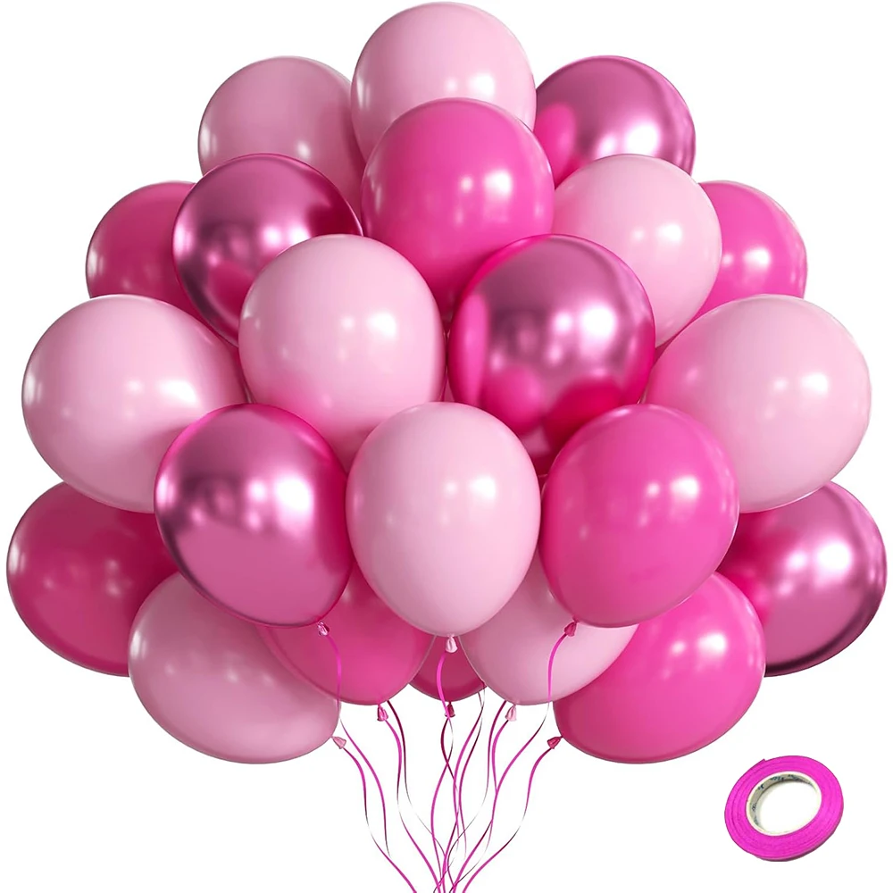 Juego de Globos de látex de color rosa intenso, Globos metálicos de color rosa intenso, Globos de boda para fiesta de cumpleaños de niña, decoración para fiesta de princesa, Baby Shower