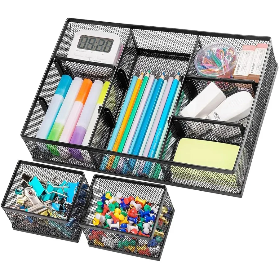 

3 упаковки ящика стола, органайзер из металлической сетки, органайзер для ящика стола, лоток с 9 регулируемыми отделениями, органайзер для ручек для рисования
