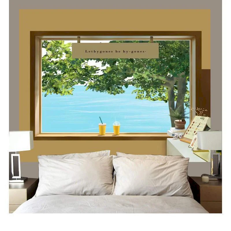 VIKAMA Vintage Tapestry Green Tree Sea View Window Wall Hanging Background Cloth Home Wall Decoration Carpet