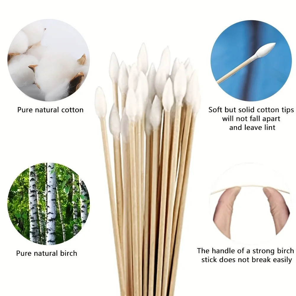 100/300PCS 6 Inch Precision Tips Cotton Swabs - Long Wooden Stick Cotton Buds Pointed Cotton Swabs With Case - Cotton