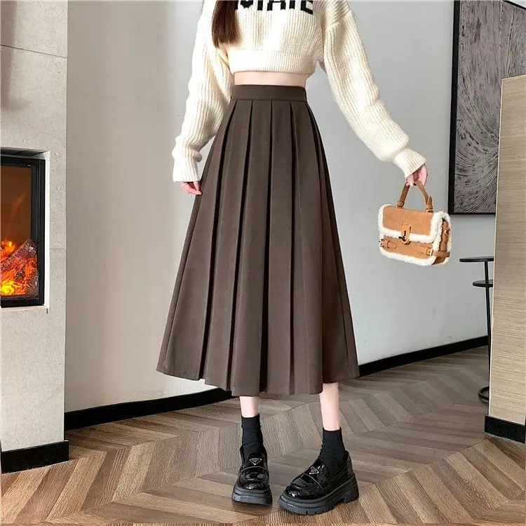 

Coffee Colored Midi Skirt Women's New Style Elastic High Waist Slimming and Covering Mid Length Skirt