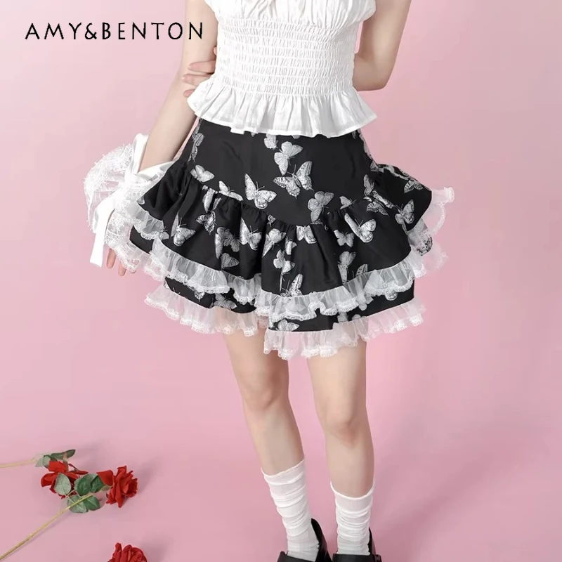 

Японская ретро-мини-юбка с жаккардовым узором «Бабочка» для женщин, весна-лето 2026, новая модель с кружевными вставками, пышная короткая юбка для дам