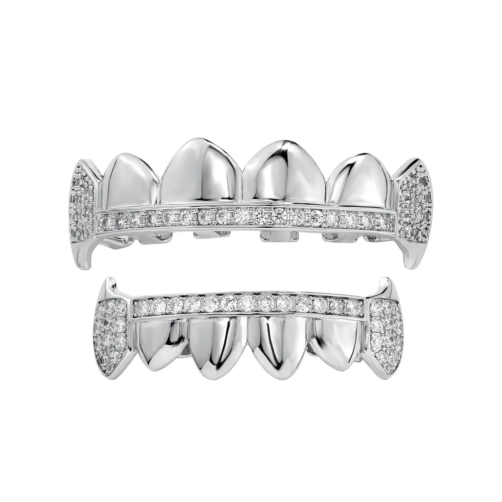 Iced Out Side Pave Zircon Grillz Set Smooth Surface Top Bottom Teeth Cap Hip‑Hop Rapper Jewelry Wholesale