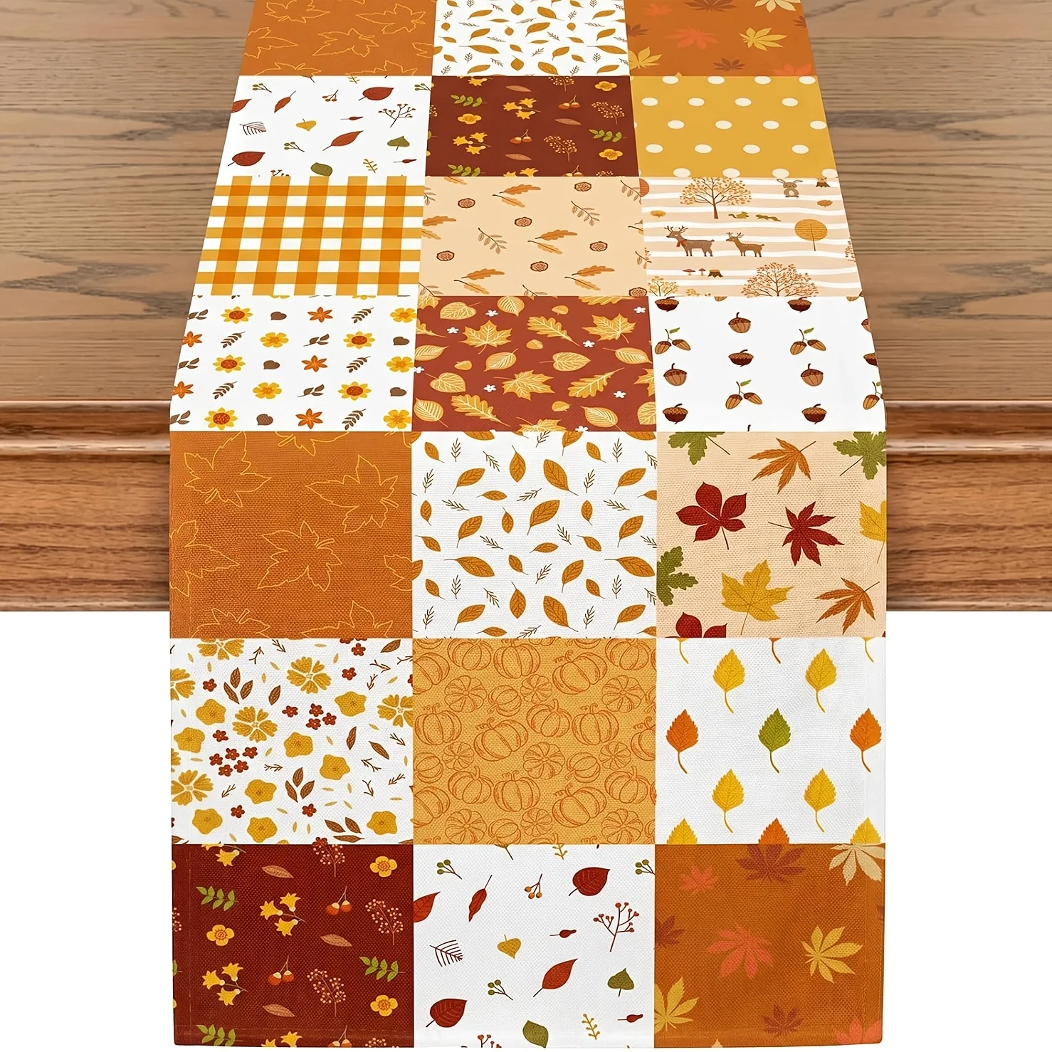 1‑Piece Plaid Patchwork Table Runner with Maple Leaves and Pumpkins, Rustic Autumn Decor for Thanksgiving, Home, Kitchen