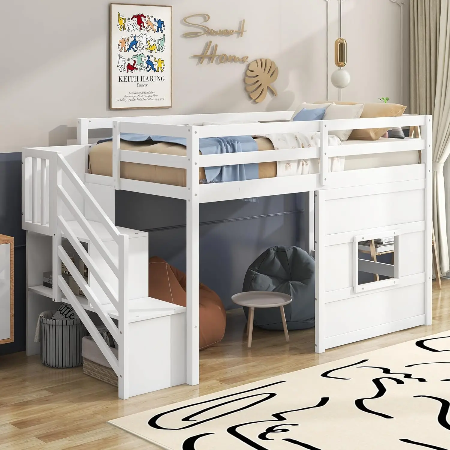 

Low Loft Bed With Stairs, Twin Size Storage Loft Bed Frame With Staircase And Window, Wood Kids Loft Bed With Steps For Boys