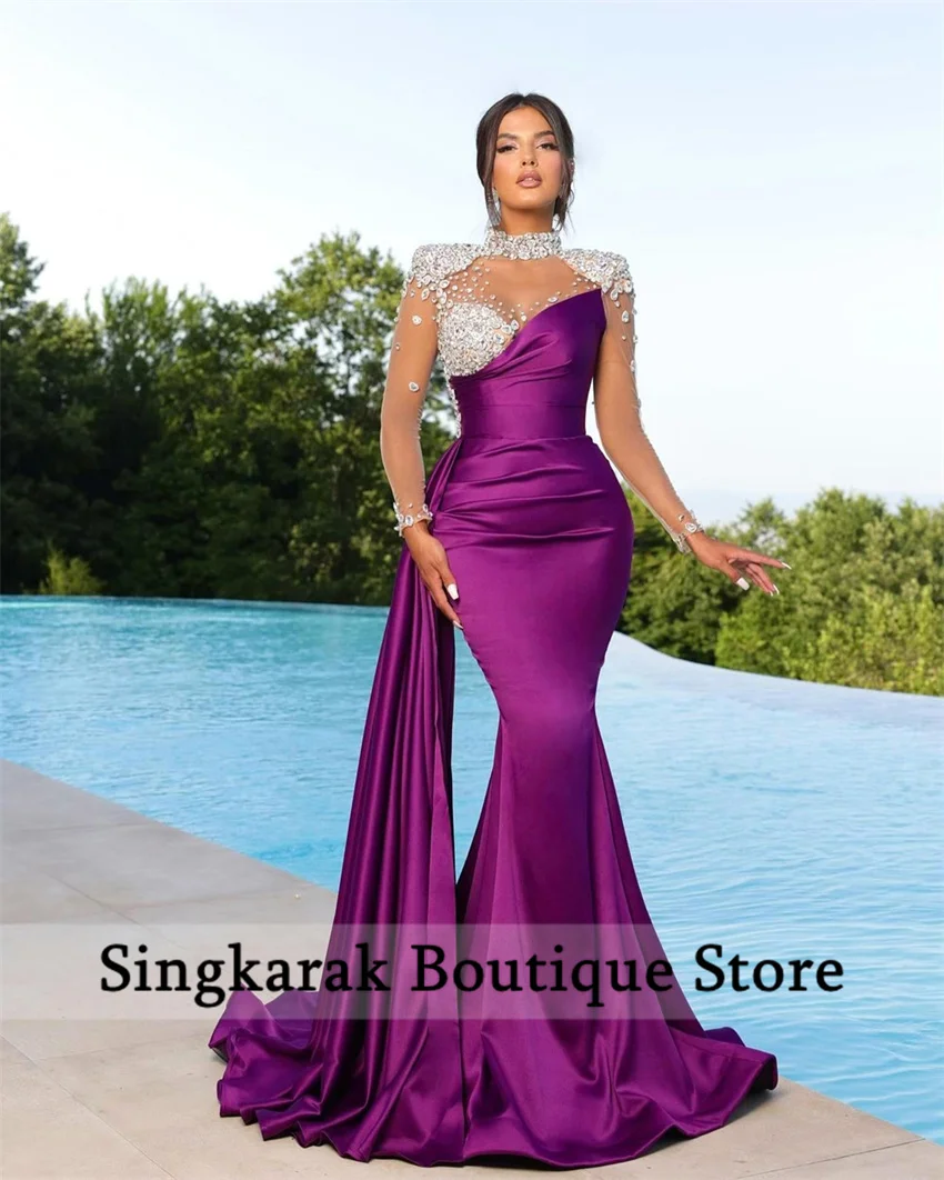 Elegante roxo vestido de noite grânulo cristais formal vestido de festa de aniversário vestido de casamento robe personalizado