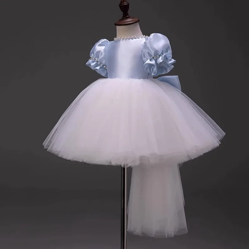 

Flower Girl Dress For Wedding Pearls V-Back Bow Tulle Puffy Knee Length Elegant Child's First Eucharistic Birthday Party Dress