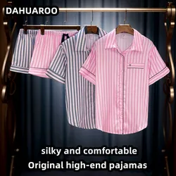 Women's Pajamas Set Satin Fashionable Silk Homewear Shirt & Pants Pink Striped Thin Party Pajamas 2-piece Luxury Pajamas Set