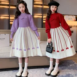 Autumn Girls Clothes Puff Sleeve Bow Knitted Sweater Princess Dress for Kids Winter Christmas Children Clothes 10 12 13 14 Years