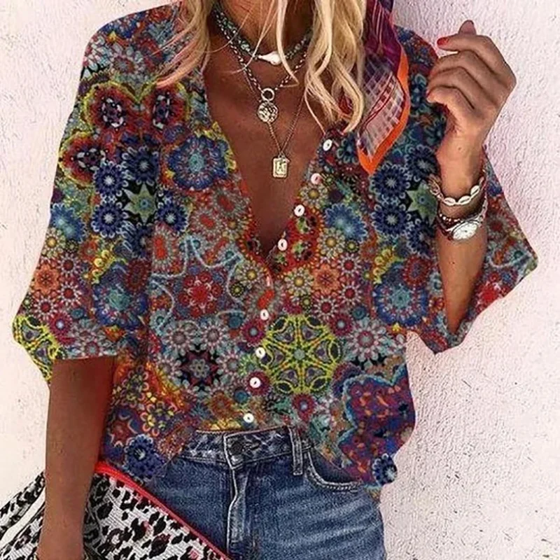 Spring Summer Flower Print Shirt Blouses Women Casual Button Shirts For Women Elegant Blouses 2024