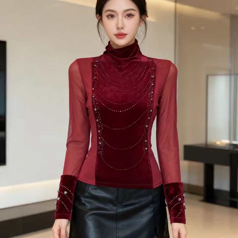 

2026,New,European,Clothes,T-Shirt,Fashion,Sexy,Turtleneck,Patchwork,Velvet,Mesh,Shiny,Diamonds,Women,Tops,Long Sleeve,Tees,51102