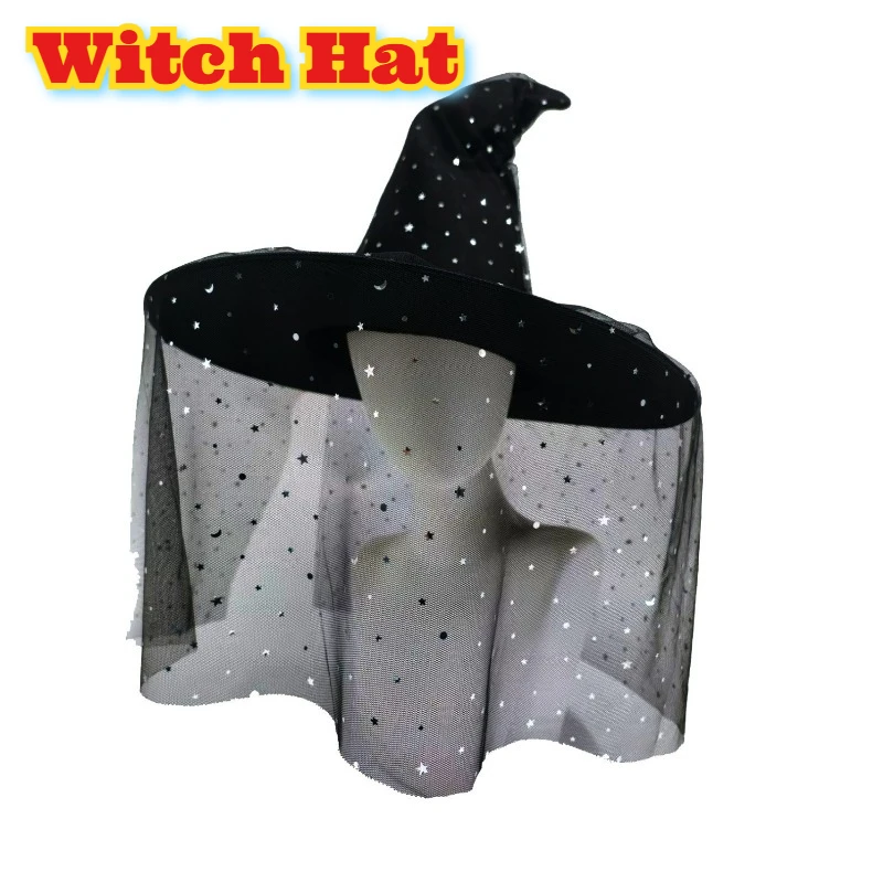 

Halloween Witch Hat Gothic Moon Star Mesh Veil Cosplay Costume Accessory Stage Performance Glitter Sequins Adult Women Theme